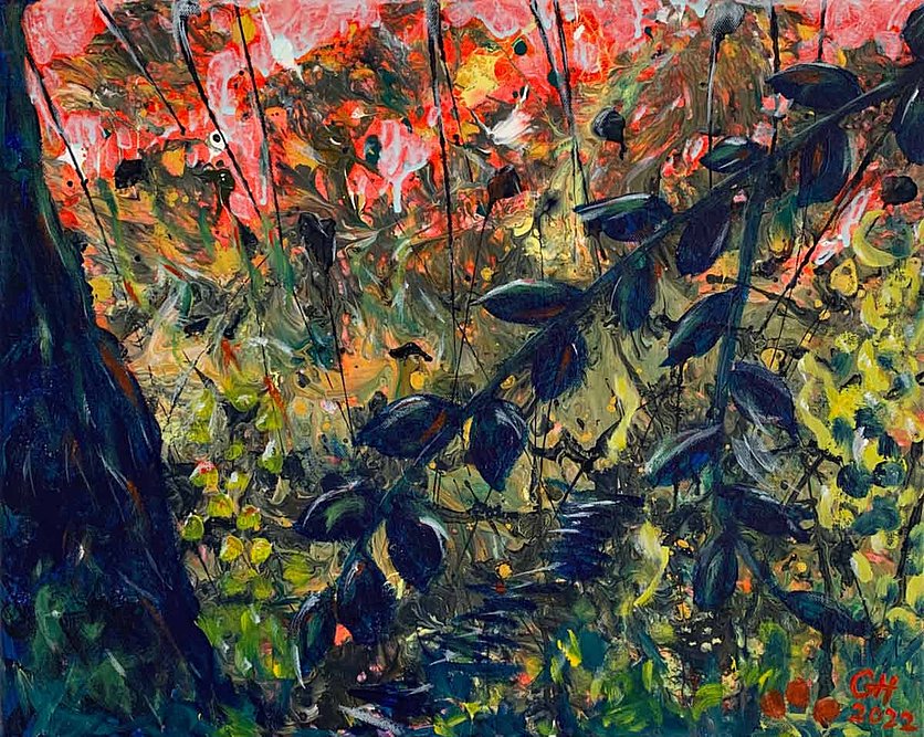 Ein buntes abstractes Acrylbild. Rotglühender Sonnenuntergang im Dschungel.