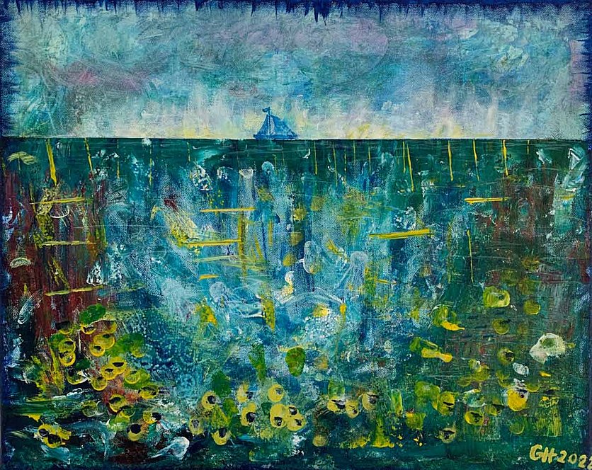 Acrylfarben in blauen Tönen lassen an ein Meer denken. Ein Schiffchen fährt darüber.