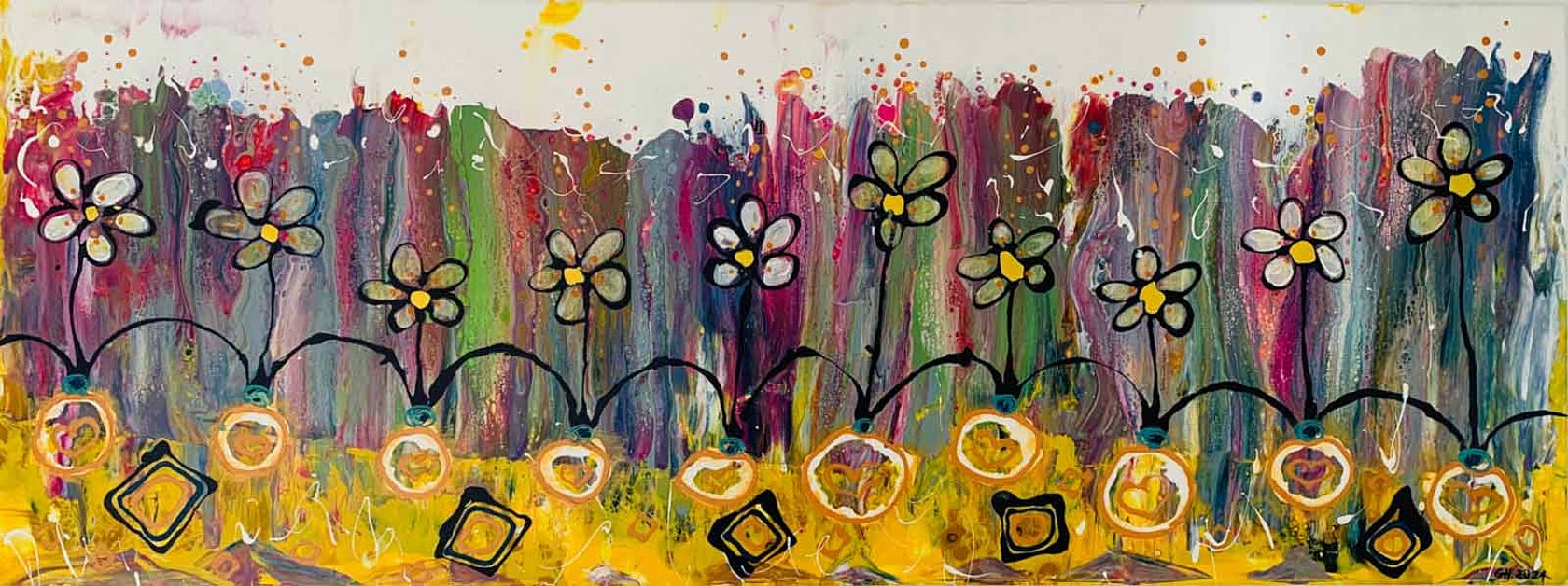 10 weisse Blumen auf einem bunten Hintergrund